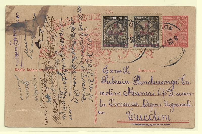 0554.jpg -     Lote:    554            Índia       Descrição:         1934 &mdash; Tipo Padrões. OM39, 3 reis carmim. Circulado de Nova Goa (06.12.40) para Cucolim com selos adicionais (par) de selos tipo Padrões, com sobretaxa 2 reis s/ 8 reis CE369.         IC       Valor Base:     &euro; 15,00     Valor Venda:     &euro;      