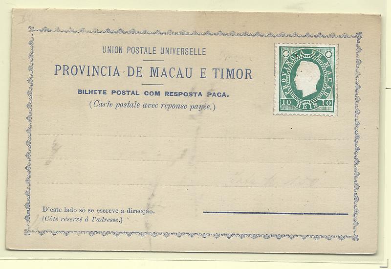 0558.jpg -     Lote:    558            Macau       Descrição:         1892 &mdash; Bilhetes-postais de resposta paga, de fabrico local, sem selo impresso, e vendidos com selo de D. Luís I colado. OM I, 10+10 verde, gravura azul. Bem conservado.         IN       Valor Base:     &euro; 20,00     Valor Venda:     &euro;      