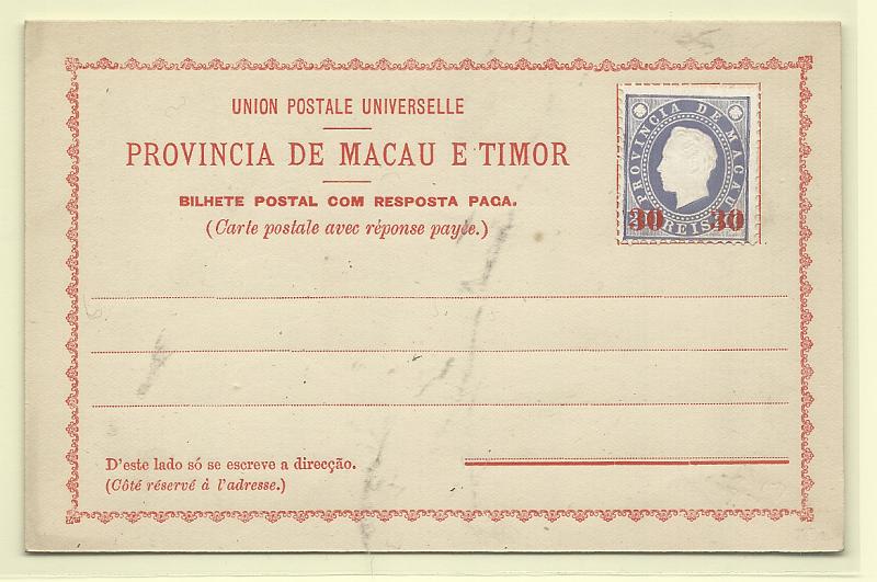 0559.jpg -     Lote:    559            Macau       Descrição:         1892 &mdash; Bilhetes-postais de resposta paga, de fabrico local, sem selo impresso, e vendidos com selo de D. Luís I colado. OM II, 30+30 s/ 300+300 reis lilás, gravura vermelha. Bem conservado.         IN       Valor Base:     &euro; 20,00     Valor Venda:     &euro;      