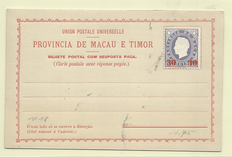 0560.jpg -     Lote:    560            Macau       Descrição:         1892 &mdash; Bilhetes-Postais de resposta-paga, de fabrico local com selo colado de D. Luís I. OMII, 30+30 / 200+200 reis lilás, com sobretaxa vermelha, tipo IIC. MB.         IN       Valor Base:     &euro; 20,00     Valor Venda:     &euro;      