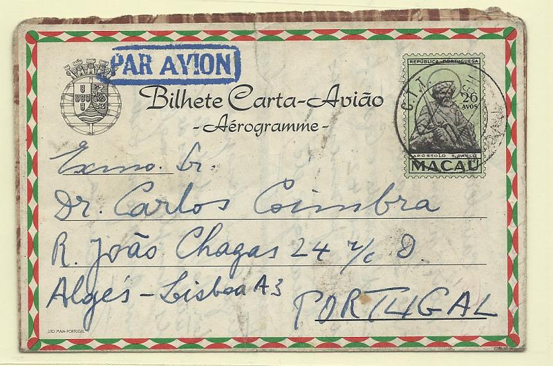 0561.jpg -     Lote:    561            Macau       Descrição:         1964 &mdash; Boas-Festas. Bilhetes Cartas Avião. Apostolo S. Paulo. OM11, 26 avos. Circulado de Macau (17.05.66) para Lisboa.         IC       Valor Base:     &euro; 12,00     Valor Venda:     &euro;      