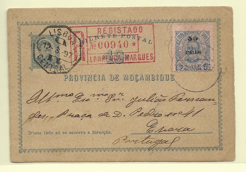 0562.jpg -     Lote:    562            Moçambique       Descrição:         1885 &mdash; D. Luís I. OM1, 10 reis azul sobre cartolina camurça, circulado registado de Lourenço Marques (12.01.97) para Évora com trânsito por Lisboa (12.03.97) com selo adicional de 50 s/ 300 reis CE31. MB e MR.         IC       Valor Base:     &euro; 100,00     Valor Venda:     &euro;      