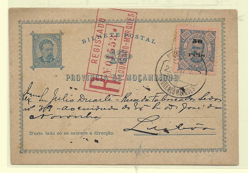 0563.jpg -     Lote:    563            Moçambique       Descrição:         1886 &mdash; D. Luís I. OM1, 10 reis azul, cartolina camurça. Circulado registado de Lourenço Marques (22.01.97) para Lisboa, com selo adicional de 50 reis s/ 200 reis azul s/ laranja tipo D. Carlos I, com sobretaxa, CE31. MB e MR.         IC       Valor Base:     &euro; 70,00     Valor Venda:     &euro;      