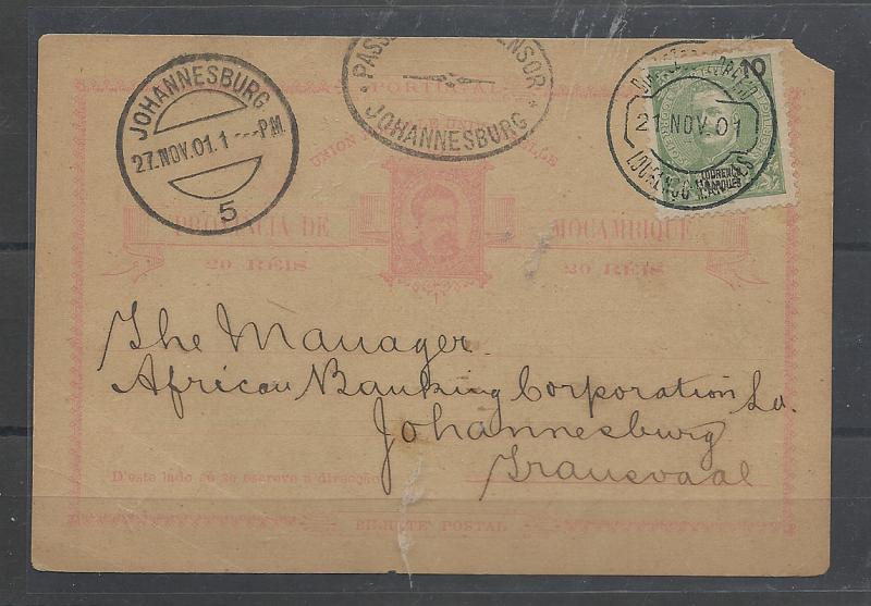 0564.jpg -     Lote:    564            Moçambique       Descrição:         1885 &mdash; D. Luís I. OM2, 20 reis carmim sobre cartolina camurça, circulado de L. Marques (21.11.01) para Johanesbourg (27.11.01) com selo adicional de 10 reis tipo D. Calor I Mouchon de L. Marques CE34. Censurado em Johanesbourg. Inteiro com canto curto.         IC       Valor Base:     &euro; 30,00     Valor Venda:     &euro;      
