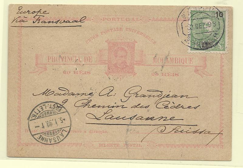 0565.jpg -     Lote:    565            Moçambique       Descrição:         1885 &mdash; D. Luís I. OM2, 20 reis rosa, circulado de Lourenço Marques (10.12.98) para a Suíça (05.01.99) com trânsito por Londres (03.01.99), com selo adicional de 10 reis verde tipo D. Carlos I Mouchon CE34. MB.         IC       Valor Base:     &euro; 30,00     Valor Venda:     &euro;      