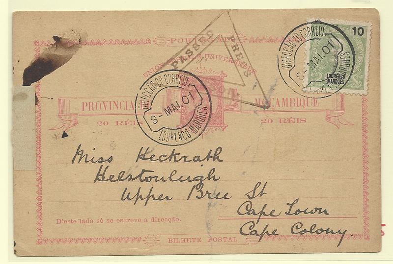 0566.jpg -     Lote:    566            Moçambique       Descrição:         1885 &mdash; D. Luís I. OM2, 20 reis rosa claro, cartolina camurça, circulado de Lourenço Marques (08.0501) para Cape Town, com selo adicional de 10 reis verde D. Carlos I Mouchon de Lourenço Marques CE34, censurado pelas entidades sul-africanas. MB         IC       Valor Base:     &euro; 30,00     Valor Venda:     &euro;      