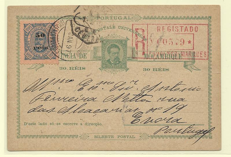0567.jpg -     Lote:    567            Moçambique       Descrição:         1885 &mdash; D. Luís I. OM3, 30 reis verde sobre cartolina camurça, circulado registado de Lourenço Marques (09.01.97) para Évora, com trânsito por Lisboa (12.03.97) com selo adicional de 50 s/ 300 reis CE31. MB e MR.         IC       Valor Base:     &euro; 100,00     Valor Venda:     &euro;      