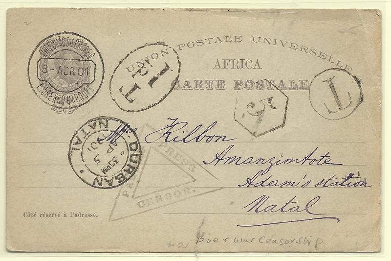 0568.jpg -     Lote:    568            Moçambique       Descrição:         1898 &mdash; 4.º Centenário do Descobrimento do Caminho Marítimo para a Índia. Inteiros para África. OM2A, 20 reis violeta-cinzento (Castelo da Pena), circulado de Lourenço Marques (03.04.01) para Durban (05.04.01). Insuficientemente franquiado em 5 reis foi porteado com o dobro do porte em falta á chegada (carimbo de 1d). MB e MR.         IC       Valor Base:     &euro; 40,00     Valor Venda:     &euro;      