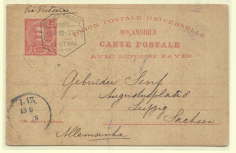 0570.jpg -     Lote:    570            Moçambique       Descrição:         1903 &mdash; D. Carlos I Mouchon. OM9, 25+25 reis carmim, cartolina creme, circulado de L. Marques (22.08.03) para a Alemanha (13.09.03) via Pretória. B e R.         IC       Valor Base:     &euro; 50,00     Valor Venda:     &euro;      