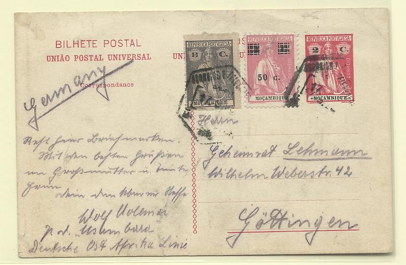 0572.jpg -     Lote:    572            Moçambique       Descrição:         1914 &mdash; Ceres. OM29, 2c rosa-carmim. Circulado de Lourenço Marques (17.09.23) para a Alemanha, com selos adicionais de 8c CE161 + 50c s/ 4c rosa CE247. MB.         IC       Valor Base:     &euro; 25,00     Valor Venda:     &euro;      