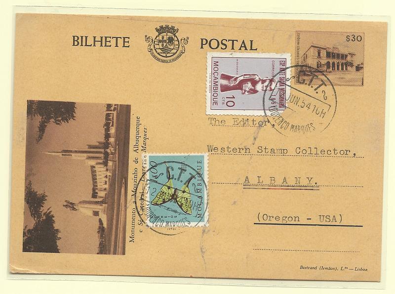 0574.jpg -     Lote:    574            Moçambique       Descrição:         1948 &mdash; Estação Postal de Lourenço Marques. CE37F, $30 lilás, motivo Monumento a Mouzinho de Albuquerque. Circulado de Lourenço Marques (12.06.54) para os EUA, com selos adicionais CE385 e 395.         IC       Valor Base:     &euro; 14,00     Valor Venda:     &euro;      