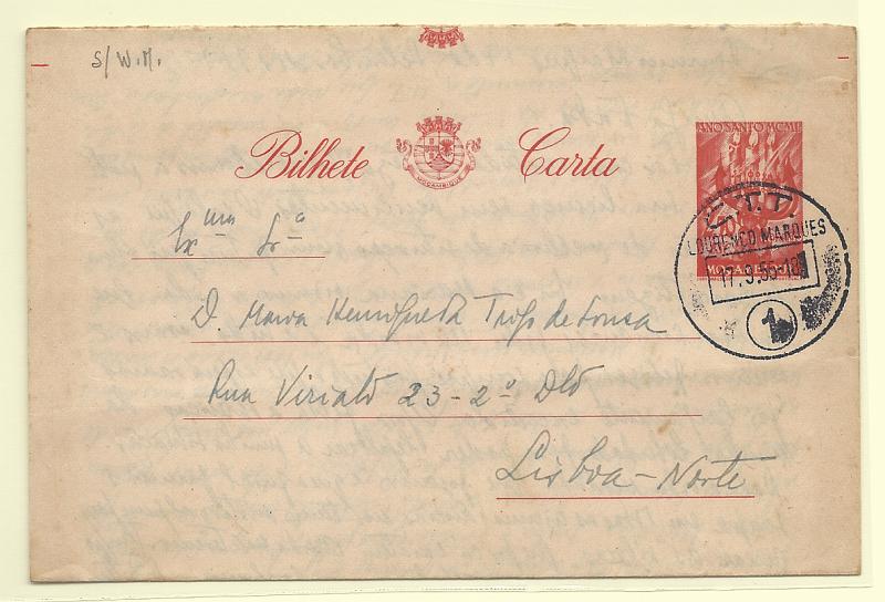 0576.jpg -     Lote:    576            Moçambique       Descrição:         1950 &mdash; Ano Santo. Bilhetes-Cartas. OM10, 2$50 vermelho. Circulado de Lourenço Marques (17.09.56) para Lisboa.         IC       Valor Base:     &euro; 12,00     Valor Venda:     &euro;      