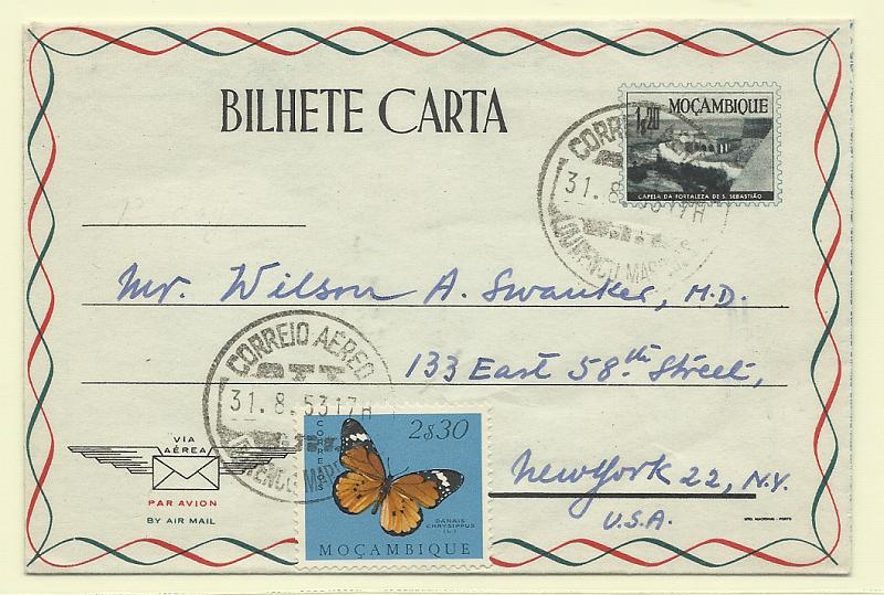 0577.jpg -     Lote:    577            Moçambique       Descrição:         1953 &mdash; Vistas de Moçambique. Bilhetes-cartas do correio aéreo. OM15, 1$20. Circulado de Lourenço Marques (31.08.53) para Nova York, com selo adicional de 2$30 tipo Borboletas.         IC       Valor Base:     &euro; 8,00     Valor Venda:     &euro;      