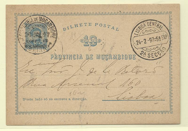 0578.jpg -     Lote:    578            Companhia de Moçambique       Descrição:         1892 &mdash; D. Luís I. Inteiros de Moçambique com sobrecarga "COMP.ª DE MOÇAMBIQUE". OM1, 10 reis azul, sobrecarga horizontal baixa. Circulado da Beira (26.01.97) para Lisboa (24.02.97). MB e R.         IC       Valor Base:     &euro; 20,00     Valor Venda:     &euro;      