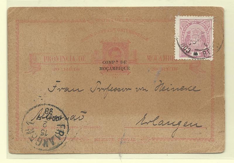 0579.jpg -     Lote:    579            Companhia de Moçambique       Descrição:         1892 &mdash; Bilhetes-Postais de Moçambique, emissão de 1885, com sobrecarga a preto "COMP.ª DE MOÇAMBIQUE". CE2, 20 reis, circulado com selo adicional de 10 reis tipo Elefante da Beira para Friangen (15.02.98).         IC       Valor Base:     &euro; 30,00     Valor Venda:     &euro;      