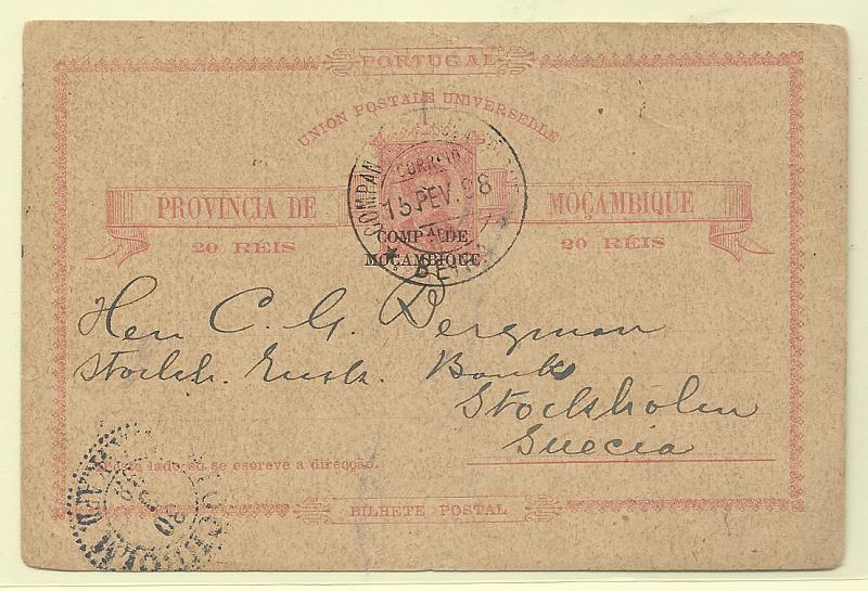 0580.jpg -     Lote:    580            Companhia de Moçambique       Descrição:         1892 &mdash; D. Luís I. Inteiros de Moçambique com sobrecarga "COMP.ª DE MOÇAMBIQUE". OM2, 20 reis rosa. Circulado da Beira (15.02.98) para a Suécia (30..03.98). MB e MR.         IC       Valor Base:     &euro; 20,00     Valor Venda:     &euro;      