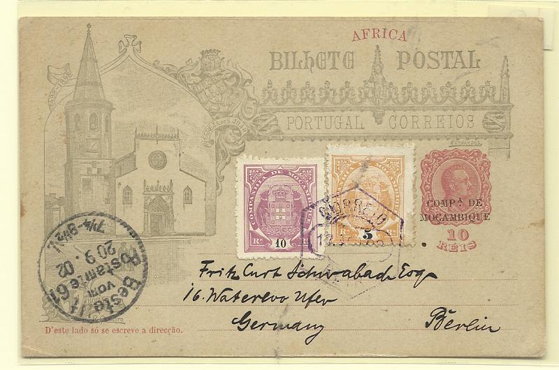 0581.jpg -     Lote:    581            Companhia de Moçambique       Descrição:         1898 &mdash; 4.º Centenário do Descobrimento do Caminho Marítimo para a Índia. Inteiros de Moçambique com sobrecarga "COMP.ª DE MOÇAMBIQUE". OM7, 10 reis (Egreja de S. João), circulado da Beira (17.08.02) para Berlim (20.09.02), com selos adicionais tipo Elefantes de 5 e 10 reis. MB.         IC       Valor Base:     &euro; 25,00     Valor Venda:     &euro;      