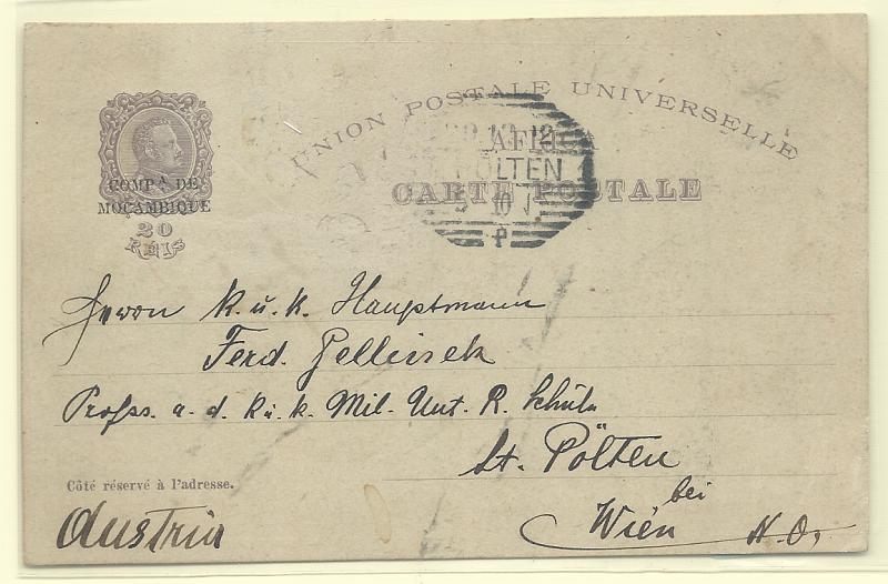 0582.jpg -     Lote:    582            Companhia de Moçambique       Descrição:         1898 &mdash; 4.º Centenário do Descobrimento do Caminho Marítimo para a Índia. OM8, 20 reis violeta (Castelo da Pena). Circulado para Viena (29.12.92).         IC       Valor Base:     &euro; 25,00     Valor Venda:     &euro;      