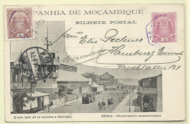0583.jpg -     Lote:    583            Companhia de Moçambique       Descrição:         1904 &mdash; Tipo Elefantes. Ilustrados. OM9, 10 reis (Beira &mdash; Observatório meteorológico), circulado da Beira (03.05.06) para a Alemanha (25.05.06) com selo adicional tipo Elefantes de 15 reis CE14. MB.         IC       Valor Base:     &euro; 20,00     Valor Venda:     &euro;      