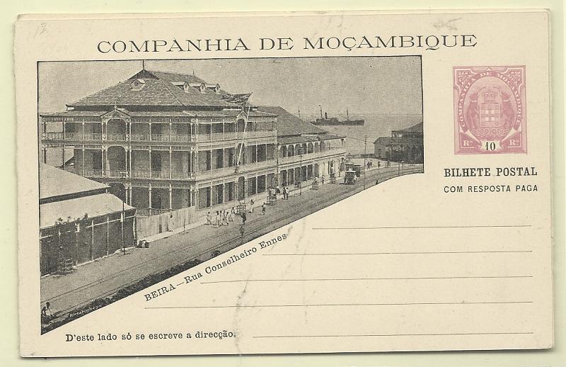 0584.jpg -     Lote:    584            Companhia de Moçambique       Descrição:         1904 &mdash; Tipo Elefantes. Ilustrados. OM11/12, 10+10 reis e 20+20. Lote de dois inteiros tipo B &mdash; Rua Conselheiro Enes. Muito bem conservados.         IN       Valor Base:     &euro; 12,00     Valor Venda:     &euro;      