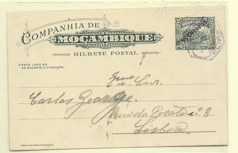 0587.jpg -     Lote:    587            Companhia de Moçambique       Descrição:         1920 &mdash; Motivos locais, com sobretaxa. OM30, 2 &frac12; c s/ 2c verde escuro (MILHO). Circulado da Beira (08.02.23) para Lisboa. MR circulado.         IC       Valor Base:     &euro; 30,00     Valor Venda:     &euro;      