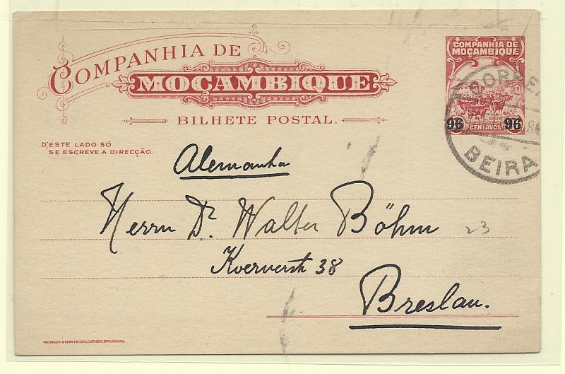 0588.jpg -     Lote:    588            Companhia de Moçambique       Descrição:         1926 &mdash; Motivos locais. OM35, 96 ctvs s/ 60 ctvs circulado da Beira para a Alemanha (sem texto no verso).         IC       Valor Base:     &euro; 26,00     Valor Venda:     &euro;      