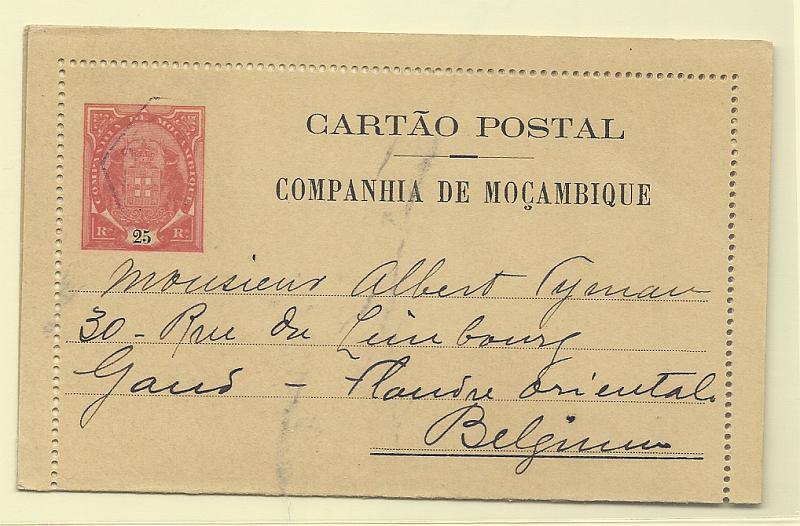 0589.jpg -     Lote:    589            Companhia de Moçambique       Descrição:         1907 &mdash; Tipo Elefantes. Bilhetes-Cartas. OM1, 25 reis rosa carmim, com gravura "Beira &mdash; Alfândega". Circulado da Beira (31.05.11) para a Bélgica.         IC       Valor Base:     &euro; 12,00     Valor Venda:     &euro;      