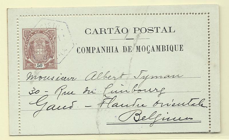 0590.jpg -     Lote:    590            Companhia de Moçambique       Descrição:         1907 &mdash; Tipo Elefantes. Bilhetes-Cartas. OM2, 50 reis castanho, com gravura "Beira &mdash; Alfândega". Circulado da Beira (31.05.11) para a Bélgica.         IC       Valor Base:     &euro; 12,00     Valor Venda:     &euro;      