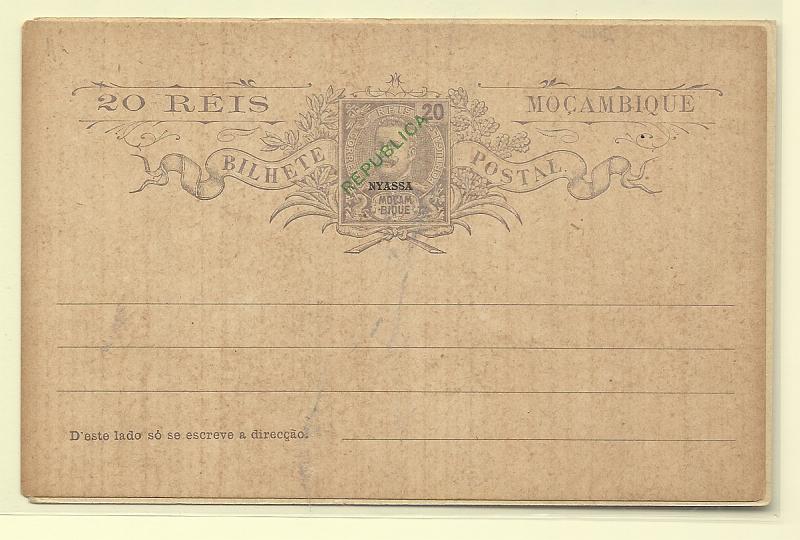 0591.jpg -     Lote:    591            Companhia do Niassa       Descrição:         1912 &mdash; D. Carlos I Mouchon de Moçambique com sobrecarga REPUBLICA local + sobrecarga NYASSA. Lote de dois inteiros: um de 10 reis OM9 e outro de 20 reis OM12. Bem conservados.         IN       Valor Base:     &euro; 12,00     Valor Venda:     &euro;      