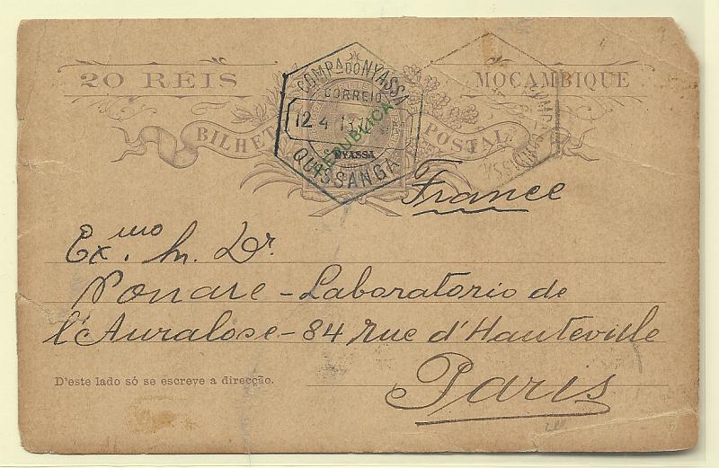 0592.jpg -     Lote:    592            Companhia do Niassa       Descrição:         1912 &mdash; D. Carlos I Mouchon de Moçambique, com sobrecarga REPUBLICA local + sobrecarga NYASSA. OM12, 20 reis violeta, circulado de Quissanga (12.04.13) para Paria. Um canto curto. MR.         IC       Valor Base:     &euro; 50,00     Valor Venda:     &euro;      