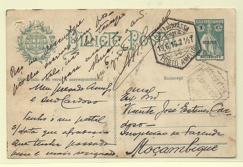 0593.jpg -     Lote:    593            Companhia do Niassa       Descrição:         1914 &mdash; Ceres. Inteiros postais de Moçambique com sobrecarga NYASSA. OM17, 1C verde, sobre cartolina creme, circulado de Porto Amélia (19.06.16) para Moçambique (20.06.16). Pequeno furo de espigão. Rara circulação interna. B e MR.         IC       Valor Base:     &euro; 40,00     Valor Venda:     &euro;      