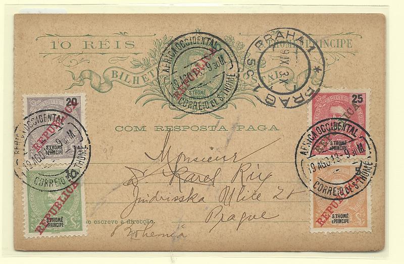 0594.jpg -     Lote:    594            São Tomé e Príncipe       Descrição:         1911 &mdash; D. Carlos I Mouchon, com sobrecarga REPUBLICA. OM12a, 10 reis verde. Circulado de S. Tomé (19.08.13) para Praga (09.09.13) com selos adicionais de 5, 10, 20 e 25 reis tipo D. Carlos I Mouchon, com sobrecarga REPUBLICA CE97, 98, 100 e 101.         IC       Valor Base:     &euro; 55,00     Valor Venda:     &euro;      