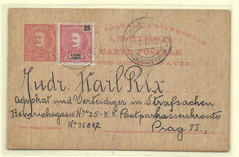 0595.jpg -     Lote:    595            São Tomé e Príncipe       Descrição:         1903 &mdash; D. Carlos I Mouchon. OM7, 25+25 reis rosa. Circulado de S. Tomé (07.08.12) para Praga (23.08.12) com selo tipo D. Carlos I Mouchon de 25 reis carmim CE88.         IC       Valor Base:     &euro; 45,00     Valor Venda:     &euro;      