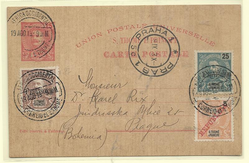 0596.jpg -     Lote:    596            São Tomé e Príncipe       Descrição:         1903 &mdash; D. Carlos I Mouchon. OM5, 20 reis rosa sobre cartolina camurça. Circulado de S. Tomé (19.08.13) para Praga (09.09.13) com selos adicionais de 5, 15, e 25 reis tipo D. Carlos I CE48, 48 e 97.         IC       Valor Base:     &euro; 50,00     Valor Venda:     &euro;      