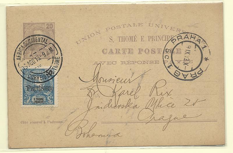 0597.jpg -     Lote:    597            São Tomé e Príncipe       Descrição:         1905 &mdash; D. Carlos I Mouchon. OM9, 20+20 reis violeta. Circulado de S. Tomé (19.08.13) para Praga (09.09.13) com selo adicional de 50 reis D. Carlos I PROVISÓRIO CE85.         IC       Valor Base:     &euro; 40,00     Valor Venda:     &euro;      