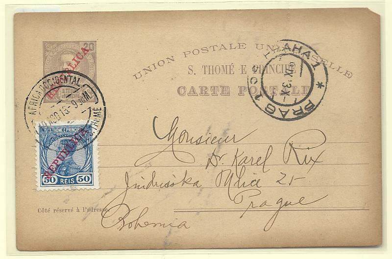 0598.jpg -     Lote:    598            São Tomé e Príncipe       Descrição:         1911 &mdash; D. Carlos I Mouchon, com sobrecarga REPUBLICA. OM11, 20 reis violeta. Circulado com selo adicional de 50 reis D. Manuel II, com sobrecarga REPUBLICA CE116, de S. Tomé (19.08.13) para Praga (09.09.13).         IC       Valor Base:     &euro; 35,00     Valor Venda:     &euro;      