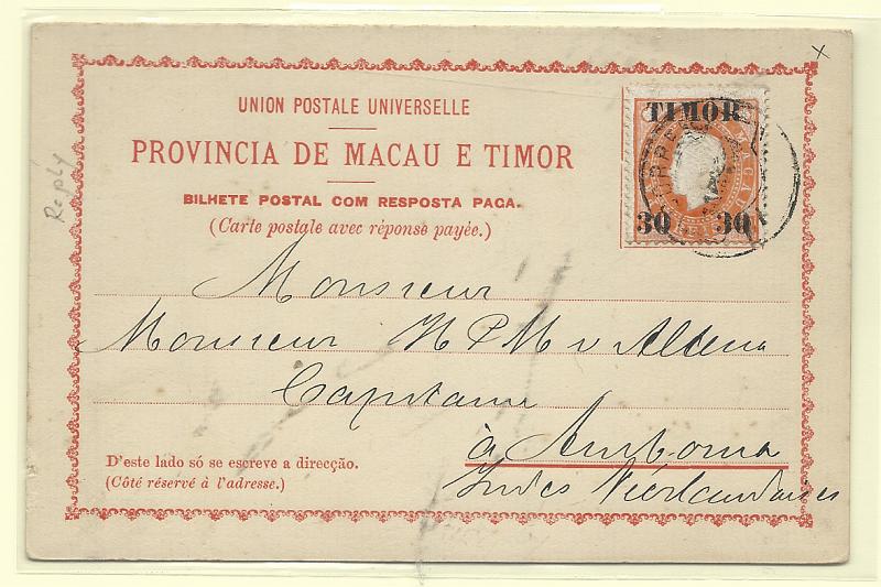 0599.jpg -     Lote:    599            Timor       Descrição:         1892 &mdash; Bilhetes-postais de resposta paga, sem selo impresso, mas com selo colado de D. Luís I, fita direita. OM II &mdash; " cótê... na 2.ª folha, 30+30 / 300+300 reis laranja. Circulado de Timor para Amboina nas Índia Holandesa.         IC       Valor Base:     &euro; 75,00     Valor Venda:     &euro;      