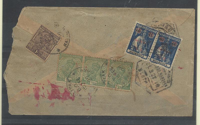 0613.jpg -     Lote:    613            Moçambique       Descrição:         Porteados. 1924 &mdash; Ceres de Moçambique, com sobretaxa. Sobrescrito circulado da Índia Inglesa (15.02.27) para Lourenço Marques (21.03.27) com insuficiência de franquia. Foi porteado com par de selos de 50c s/ 60c azul CE POR50. MB e MR.         Carta       Valor Base:     &euro; 80,00     Valor Venda:     &euro;      