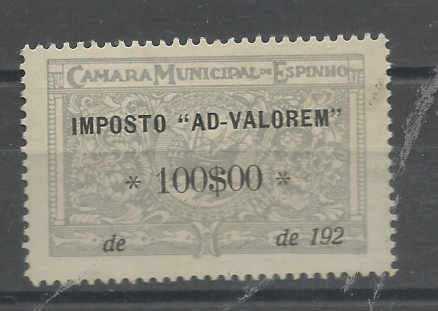 0731.jpg -     Lote:    731            Fiscais       Descrição:         Fiscais. Imposto "AD-VALOREM. Câmara Municipal de Espinho. NÃO CATALOGADO por Paulo Barata, 100$00 cinzento. B e MR.         *       Valor Base:     &euro; 25,00     Valor Venda:     &euro;      