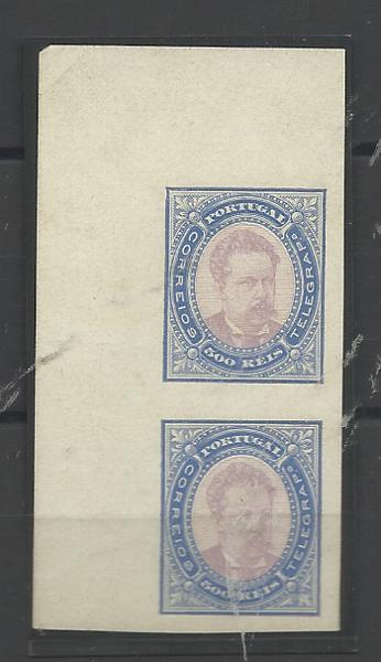 0856.jpg -     Lote:    856            Portugal       Descrição:         1884/87 &mdash; D. Luís I, de frente. CE64, 500 reis. Prova em par vertical, canto de folha, não denteadas, nas cores violeta e ultramar.         PRV       Valor Base:     &euro; 25,00     Valor Venda:     &euro;      