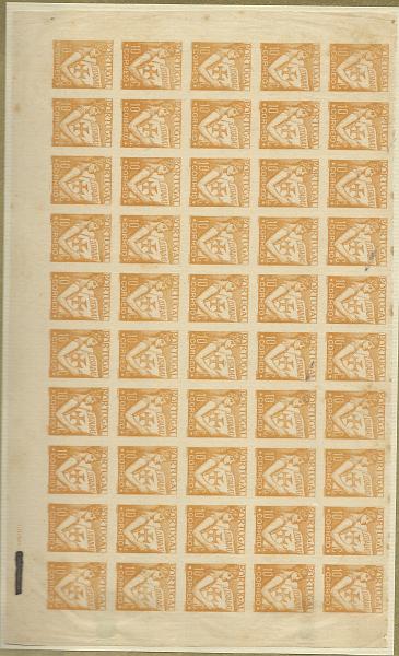 0872.jpg -     Lote:    872            Portugal       Descrição:         1931 &mdash; Lusíadas. 10C. Bloco de 50 provas não denteadas (metade inferior de prancha), em amarelo-laranja, papel "pelure" creme. Cor não aprovada para esta taxa. No canto inferior direito "Clichés &mdash; Eduardo Sá". Nome do tipógrafo encoberto com tinta.         PRV       Valor Base:     &euro; 50,00     Valor Venda:     &euro;      