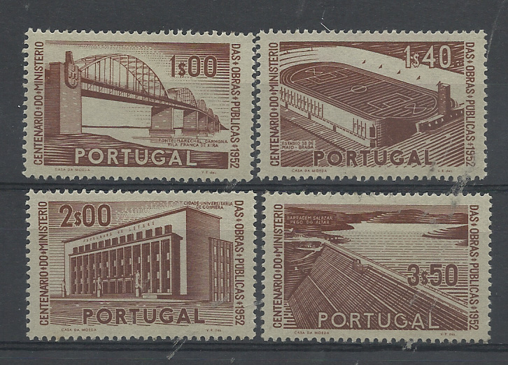 0910.jpg -     Lote:    910            Portugal       Descrição:         1952 &mdash; 1.º Centenário do Ministério das Obras Pública. CE755/58. Série completa de provas denteadas todas na cor castanha sobre papel branco fino. MB e MR.         PRV       Valor Base:     &euro; 40,00     Valor Venda:     &euro;      