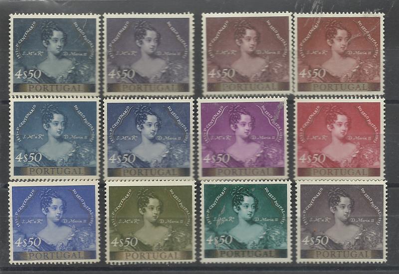 0917.jpg -     Lote:    917            Portugal       Descrição:         1953 &mdash; Centenário do Selo Postal Português. CE791, 4$50. Lote de 12 provas de cor todas diferentes, denteadas. Todas na taxa de 4$50, COM filete sob as legendas laterais. MB e MR         PRV       Valor Base:     &euro; 300,00     Valor Venda:     &euro;      