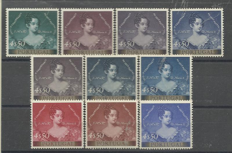 0918.jpg -     Lote:    918            Portugal       Descrição:         1953 &mdash; Centenário do Selo Postal Português. CE791, 4$50. Lote de 10 provas de cor todas diferentes, denteadas. Todas na taxa de 4$50, SEM filete sob as legendas laterais. MB e MR.         PRV       Valor Base:     &euro; 250,00     Valor Venda:     &euro;      