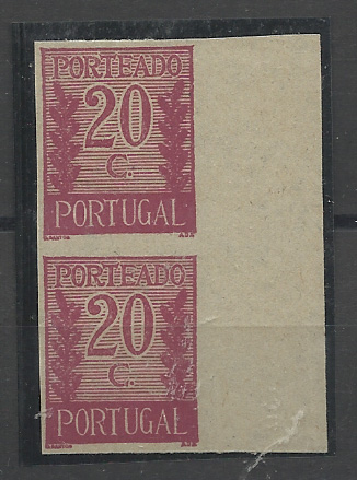 0931.jpg -     Lote:    931            Portugal       Descrição:         1940 &mdash; Porteado. Algarismo ladeado por ramos. CE POR56, 20C lilás vermelho. Par vertical de provas não denteadas.         PRV       Valor Base:     &euro; 8,00     Valor Venda:     &euro;      