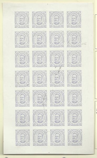 0945.jpg -     Lote:    945            Congo       Descrição:         1894 &mdash; D. Carlos I, tipo Diogo Neto. CE5, 20 reis violeta azul. Folha completa com 28 provas na cor aprovada, não denteadas, em papel porcelana. MB e MR.         PRV       Valor Base:     &euro; 500,00     Valor Venda:     &euro;      