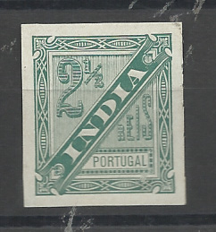 0952.jpg -     Lote:    952            Índia       Descrição:         1893/95 &mdash; D. Carlos I (JORNAES). NÃO EMITIDO, 2 &frac12; reis. Prova não denteada, em verde (cor não aprovada), em papel liso amarelado.         PRV       Valor Base:     &euro; 20,00     Valor Venda:     &euro;      
