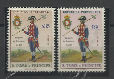 0973.jpg -     Lote:    973            S. Tomé e Príncipe       Descrição:         1965 &mdash; Uniformes. CE381, $35. Prova de cor não aprovada e tipo de algarismos diferentes. Acompanha original para comparação.         PRV       Valor Base:     &euro; 10,00     Valor Venda:     &euro;      