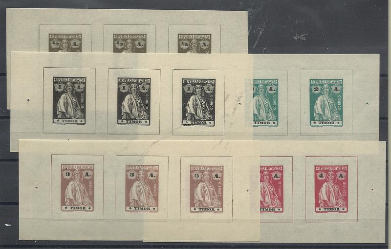 0974.jpg -     Lote:    974            Timor       Descrição:         1913 &mdash; Ceres. CLANDESTINOS. Lote com 14 tiras de três selos não dentados de &frac12;, 1, 2, 3, 4, 6, 10, 12, 16, 20, 40, 58, 76 avos e 3P, CE162/174 e 196.         *       Valor Base:     &euro; 70,00     Valor Venda:     &euro;      