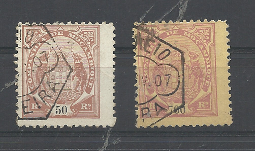 1112.jpg -     Lote:    1112            Companhia de Moçambique       Descrição:         1907 &mdash; Tipo Elefante. CE53 e 61, 50 reis castanho + 700 reis violeta s/ amarelo. Selos falsos tipo BRUCK...         O       Valor Base:     &euro; 10,00     Valor Venda:     &euro;      